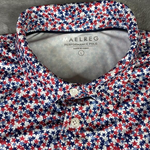 MAELREG Polo Shirt Mens Large Red White Blue Stars Performance Golf Stretch - Picture 4 of 10